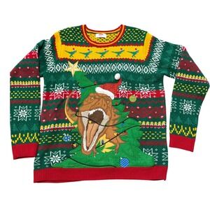 Holiday‎ Time Mens Ugly Christmas Sweater T Rex Dinosaur Tree Santa Hat Mens L